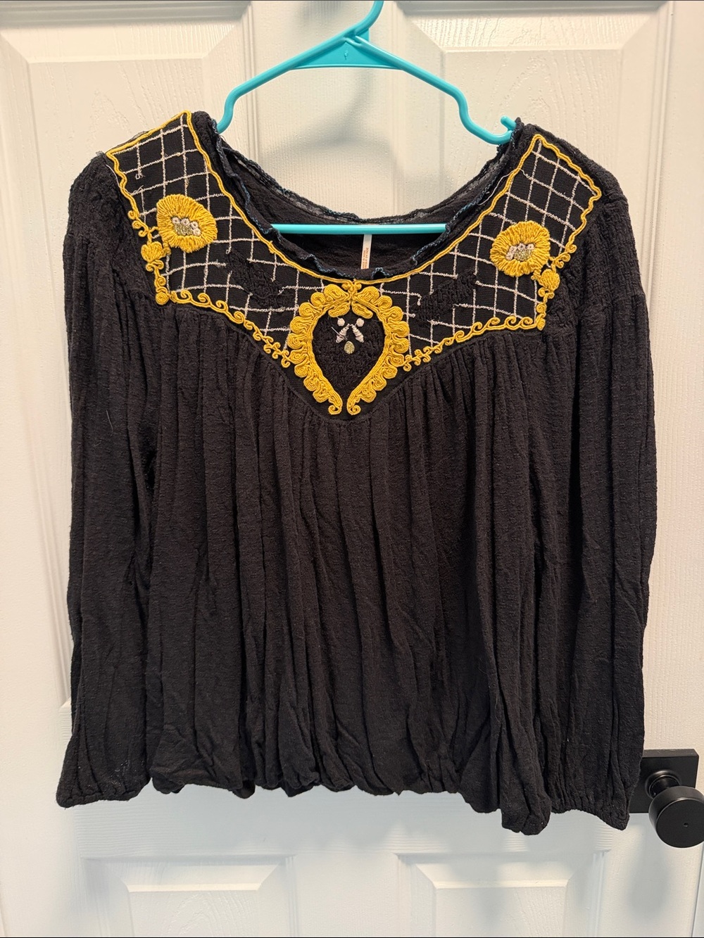 Free People Black Peasant Top with Yellow Embroidered Yoke